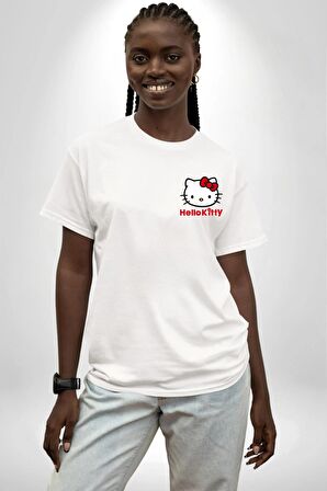 Hello Kitty Beyaz Oversize Kadın Erkek Ön ve Sırt Baskılı Tişört