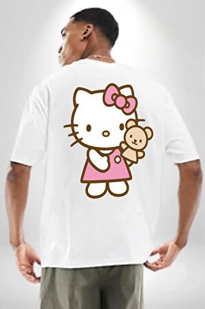 Hello Kitty Beyaz Oversize Kadın Erkek Ön ve Sırt Baskılı Tişört
