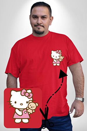 Hello Kitty Kırmızı Büyük Beden Kadın Basic Minimal Baskılı Tişört