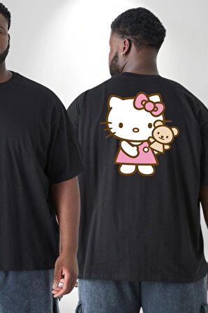 Hello Kitty Büyük Beden Siyah Tişört Kadın Erkek Ünisex Sırt Baskılı