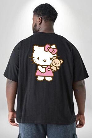 Hello Kitty Büyük Beden Siyah Tişört Kadın Erkek Ünisex Sırt Baskılı