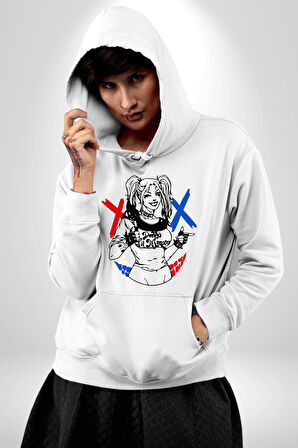 Harley Quinn Kadın Erkek  Beyaz Kapüşonlu Sweatshirt Hoodie