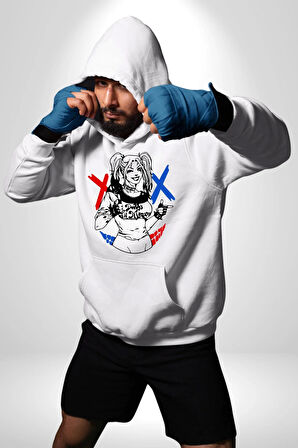 Harley Quinn Kadın Erkek  Beyaz Kapüşonlu Sweatshirt Hoodie