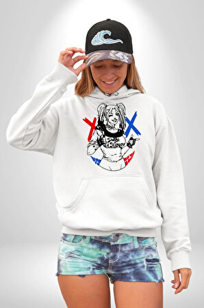 Harley Quinn Kadın Erkek  Beyaz Kapüşonlu Sweatshirt Hoodie