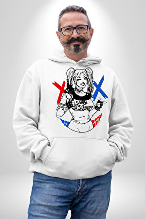 Harley Quinn Kadın Erkek  Beyaz Kapüşonlu Sweatshirt Hoodie