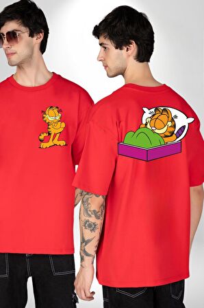 Garfield Uyku Kırmızı Oversize Kadın Erkek Ön ve Sırt Baskılı Tişört
