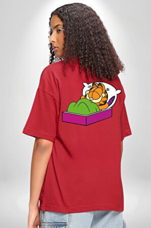 Garfield Uyku Kırmızı Oversize Kadın Erkek Ön ve Sırt Baskılı Tişört