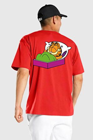 Garfield Uyku Kırmızı Oversize Kadın Erkek Ön ve Sırt Baskılı Tişört