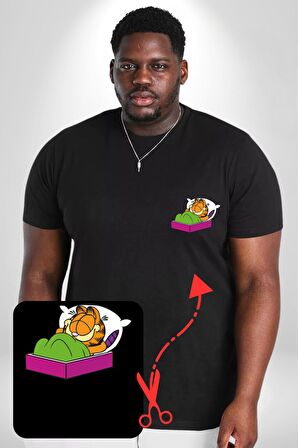 Garfield Uyku Siyah Büyük Beden Kadın Basic Minimal Baskılı Tişört