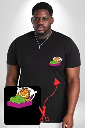Garfield Uyku Siyah Büyük Beden Kadın Basic Minimal Baskılı Tişört