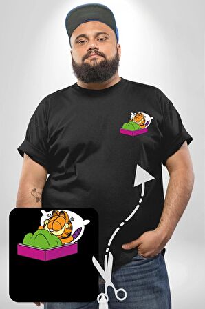 Garfield Uyku Siyah Büyük Beden Kadın Basic Minimal Baskılı Tişört