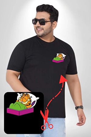 Garfield Uyku Siyah Büyük Beden Kadın Basic Minimal Baskılı Tişört