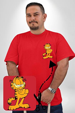 Garfield Kırmızı Büyük Beden Kadın Basic Minimal Baskılı Tişört