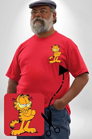 Garfield Kırmızı Büyük Beden Kadın Basic Minimal Baskılı Tişört