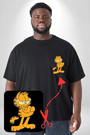 Garfield Siyah Büyük Beden Kadın Basic Minimal Baskılı Tişört