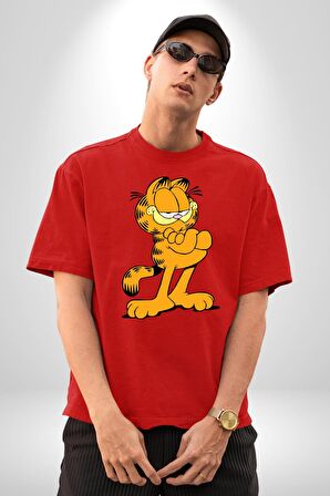 Garfield Pamuklu Bisiklet Yaka Kadın Erkek Oversize Boyfriend Dijital Baskılı Kırmızı T-shirt