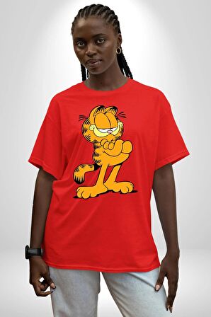 Garfield Pamuklu Bisiklet Yaka Kadın Erkek Oversize Boyfriend Dijital Baskılı Kırmızı T-shirt