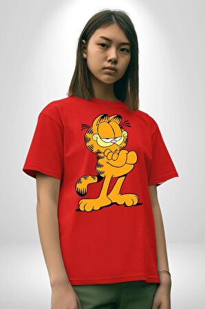 Garfield Pamuklu Bisiklet Yaka Kadın Erkek Oversize Boyfriend Dijital Baskılı Kırmızı T-shirt