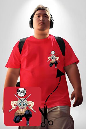 Anime Inosuke Hashibira Demon Slayer Kırmızı Büyük Beden Kadın Basic Minimal Baskılı Tişört