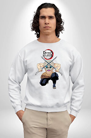 Anime Inosuke Hashibira Demon Slayer Kadın Erkek Beyaz Sweatshirt 