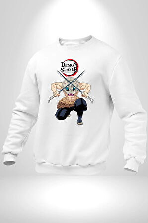 Anime Inosuke Hashibira Demon Slayer Kadın Erkek Beyaz Sweatshirt 