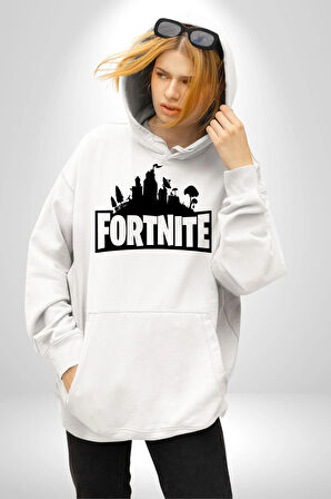 Fortnite Kadın Erkek  Beyaz Kapüşonlu Sweatshirt Hoodie