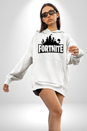 Fortnite Kadın Erkek  Beyaz Kapüşonlu Sweatshirt Hoodie