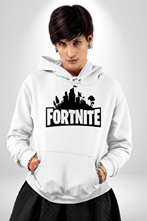 Fortnite Kadın Erkek  Beyaz Kapüşonlu Sweatshirt Hoodie