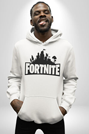 Fortnite Kadın Erkek  Beyaz Kapüşonlu Sweatshirt Hoodie