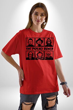 Korku Film Kahramanları Piskopat Pamuklu Bisiklet Yaka Kadın Erkek Oversize Boyfriend Dijital Baskılı Kırmızı T-shirt