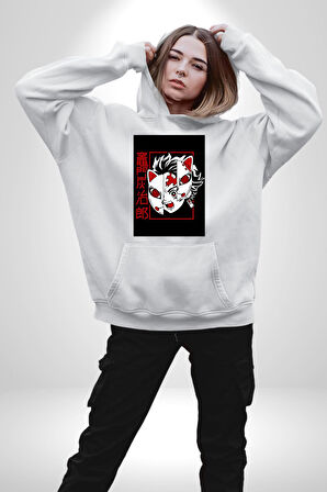 Anime İblis Avcısı Kimetsu No Yaiba Maske Kadın Erkek  Beyaz Kapüşonlu Sweatshirt Hoodie
