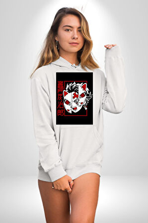 Anime İblis Avcısı Kimetsu No Yaiba Maske Kadın Erkek  Beyaz Kapüşonlu Sweatshirt Hoodie
