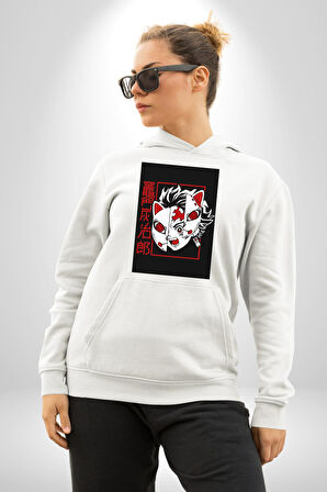 Anime İblis Avcısı Kimetsu No Yaiba Maske Kadın Erkek  Beyaz Kapüşonlu Sweatshirt Hoodie