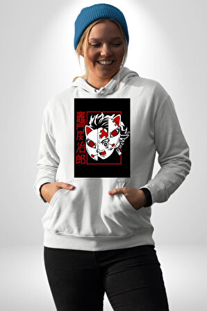 Anime İblis Avcısı Kimetsu No Yaiba Maske Kadın Erkek  Beyaz Kapüşonlu Sweatshirt Hoodie