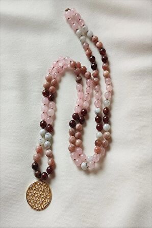 Sertifikalı 108 Li Mala Doğaltaş Kolye (lal(granat,garnet),ay Taşı, Güneş Taşı,pembe Kuvars )