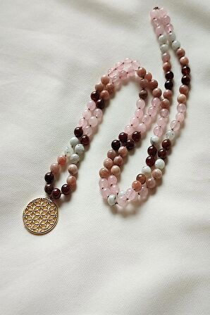 Sertifikalı 108 Li Mala Doğaltaş Kolye (lal(granat,garnet),ay Taşı, Güneş Taşı,pembe Kuvars )