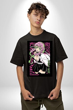 Anime Demon Slayer Kimetsu No Yaiba Mitsuri Kanroji Pamuklu Bisiklet Yaka Kadın Erkek Oversize Boyfriend Dijital Baskılı Siyah T-shirt