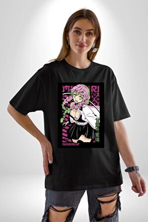 Anime Demon Slayer Kimetsu No Yaiba Mitsuri Kanroji Pamuklu Bisiklet Yaka Kadın Erkek Oversize Boyfriend Dijital Baskılı Siyah T-shirt