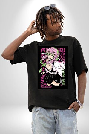 Anime Demon Slayer Kimetsu No Yaiba Mitsuri Kanroji Pamuklu Bisiklet Yaka Kadın Erkek Oversize Boyfriend Dijital Baskılı Siyah T-shirt