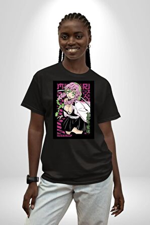 Anime Demon Slayer Kimetsu No Yaiba Mitsuri Kanroji Pamuklu Bisiklet Yaka Kadın Erkek Oversize Boyfriend Dijital Baskılı Siyah T-shirt