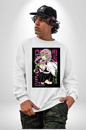 Anime Demon Slayer Kimetsu No Yaiba Mitsuri Kanroji Kadın Erkek Beyaz Sweatshirt 