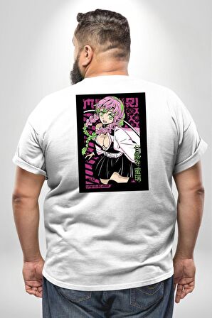 Anime Demon Slayer Kimetsu No Yaiba Mitsuri Kanroji Büyük Beden Beyaz Tişört Kadın Erkek Ünisex Sırt Baskılı