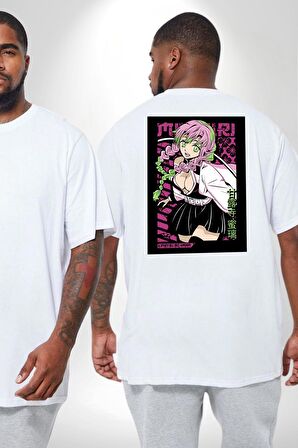 Anime Demon Slayer Kimetsu No Yaiba Mitsuri Kanroji Büyük Beden Beyaz Tişört Kadın Erkek Ünisex Sırt Baskılı