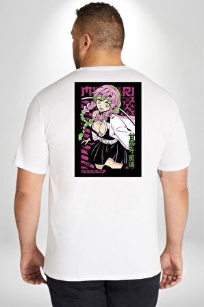 Anime Demon Slayer Kimetsu No Yaiba Mitsuri Kanroji Büyük Beden Beyaz Tişört Kadın Erkek Ünisex Sırt Baskılı