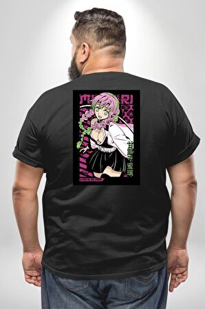 Anime Demon Slayer Kimetsu No Yaiba Mitsuri Kanroji Büyük Beden Siyah Tişört Kadın Erkek Ünisex Sırt Baskılı