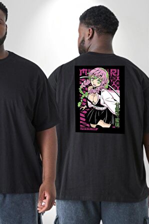 Anime Demon Slayer Kimetsu No Yaiba Mitsuri Kanroji Büyük Beden Siyah Tişört Kadın Erkek Ünisex Sırt Baskılı