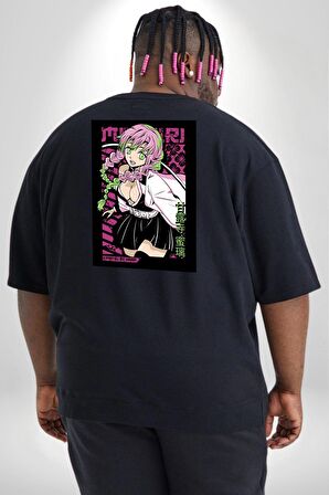 Anime Demon Slayer Kimetsu No Yaiba Mitsuri Kanroji Büyük Beden Siyah Tişört Kadın Erkek Ünisex Sırt Baskılı