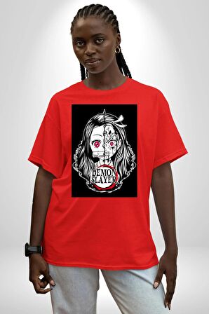 Anime Demon Slayer  Pamuklu Bisiklet Yaka Kadın Erkek Oversize Boyfriend Dijital Baskılı Kırmızı T-shirt