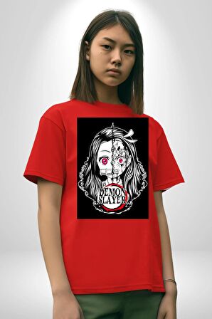 Anime Demon Slayer  Pamuklu Bisiklet Yaka Kadın Erkek Oversize Boyfriend Dijital Baskılı Kırmızı T-shirt