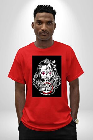 Anime Demon Slayer  Pamuklu Bisiklet Yaka Kadın Erkek Oversize Boyfriend Dijital Baskılı Kırmızı T-shirt